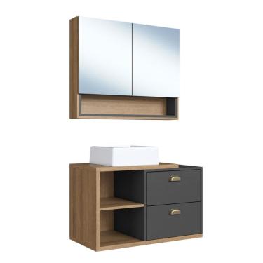 Imagem de Gabinete de Banheiro 80cm Helena com Espelheira 02 portas Caramelo/Grafite e Cuba Branca