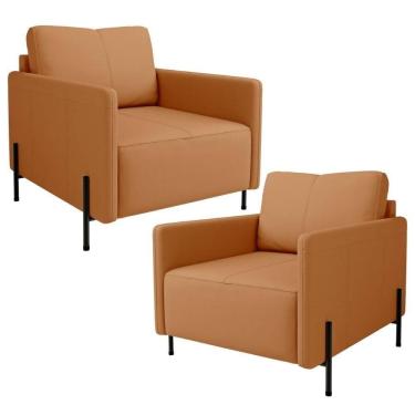 Imagem de Kit 2 Poltronas Decorativa Para Sala Living Pés Industrial Domani L06 Couro Caramelo - Lyam Decor