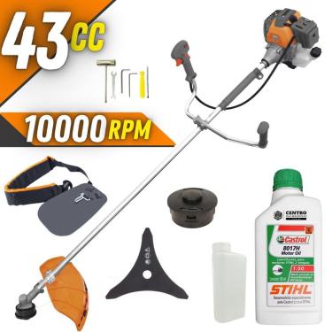 Imagem de Máquina de Cortar Grama Á Gasolina Tekna RL430-P Plus 2T 43cc 1,7HP 10.000RPM Roçadeira Lateral Com Faca 3 Pontas e Carretel Nylon + ÓLEO STIHL 2T