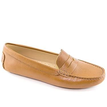 Imagem de Mocassim feminino casual confortável de couro legítimo leve para dirigir da MJNY clássico moderno penny slip on mocassim feminino sem cadarço, Bronze granulado, 34