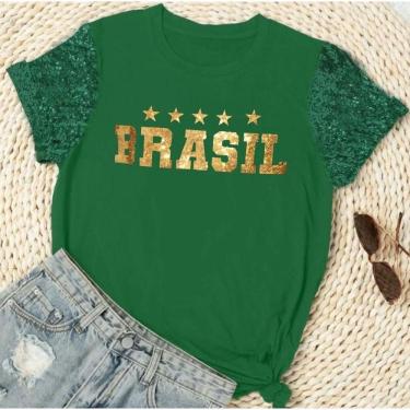 Imagem de T-Shirt Feminina Brasil Manga Paete - Brasil
