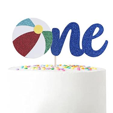Imagem de Topo de bolo de 1º aniversário com tema de praia - decoração de bolo de festa na piscina, suprimentos de festa de verão, carnaval de aniversário, adereços de cabine de fotos, topo de bolo de primeiro aniversário do bebê