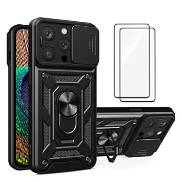 Imagem de Capa iPhone 14 Pro Case (2 pedaços de filme temperado Protetora) de Câmera Proteção de Tela Metal KickStand (Preto)