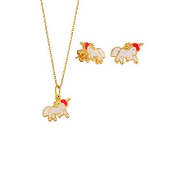 Imagem de Colar e brinco Infantil/criança de Unicórnio Banhado à Ouro 18k e antialérgico