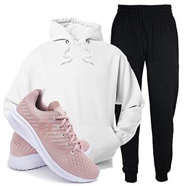 Imagem de Conjunto Blusa e Calça Moletom + Tenis Academia Casual Conforto - Branco/Rosa - GG/34