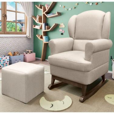 Imagem de Poltrona para Amamentação Sabrina em Linho com Pés Canoa em Madeira e Puff - Bege