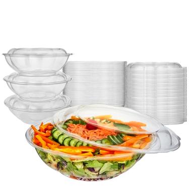 Imagem de Tigelas de salada de plástico com tampas (10 unidades) Tigelas de servir descartáveis de 1,8 l – Tigelas de plástico para festas – Tigelas grandes de plástico transparente – Recipiente grande descartável para viagem com tampa hermética