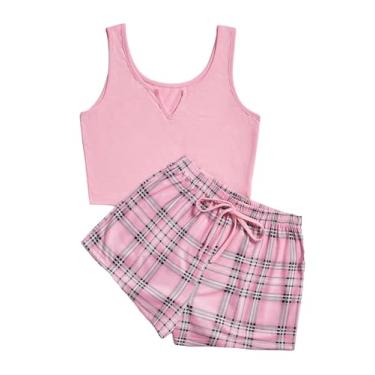 Imagem de SOLY HUX Conjunto de pijama feminino de 2 peças, camiseta regata e shorts xadrez, gola entalhada, sem mangas, conjunto de pijama, Xadrez rosa, Small