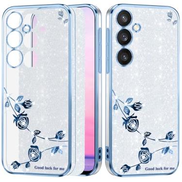 Imagem de Yarxiawin Capa de telefone para Samsung A15 5G capa transparente com glitter macio, estética para Samsung Galaxy A15 capa de silicone macio flor transparente à prova de choque roxa fina (prata-azul)