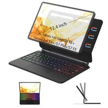 Imagem de Capa com teclado para Samsung Galaxy Tab S9+/S9 FE+/S8+/S7 Plus/S7 FE 12,4” Capa com teclado Suporte cantilever flutuante magnético Trackpad multitoque sem fio (Preto)
