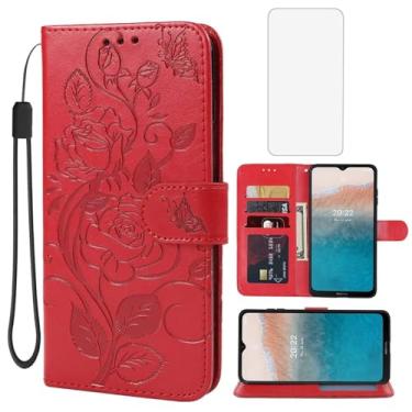 Imagem de Yerebel Capa para Nokia C21 Plus, TA-1433 com protetor de tela de vidro temperado, capa protetora flip de couro floral com suporte para cartão de crédito capa de telefone para NokiaC21Plus vermelha