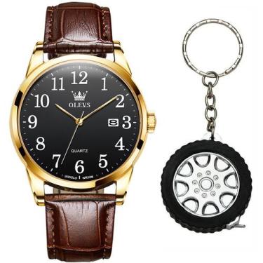 Imagem de Kit Relógio Olevs Casual Masculino Gold + Chaveiro Roda - PENDULARI