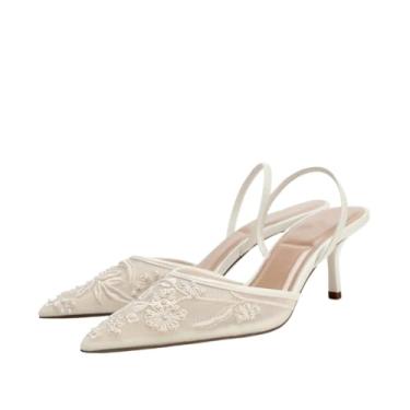 Imagem de Sandálias femininas de malha floral bordadas com pérola e bico fino e salto de renda sem costas sem cadarço, salto gatinho, sapatos de festa de casamento, Branco, 36