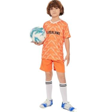 Imagem de Bolognifi Camisa de futebol infantil, camiseta da Copa Europeia/Américas, meninos e meninas, conjunto de shorts esportivos de futebol com meia manga(Netherlands,9-10A)