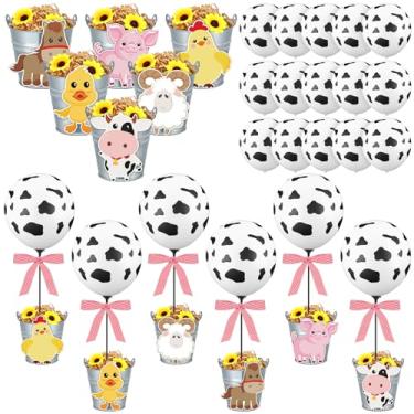 Imagem de RimCereal Conjunto de 6 peças centrais de balão de animais de fazenda para decoração de mesa, chá de bebê de fazenda, kit de suporte de balões de vaca com balde de metal, recortes de animais de