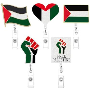 Imagem de Porta-crachá retrátil com 5 peças de bandeira da Palestina com clipe de cinto, suporte retrátil para crachá da Palestina, carretel de identidade, para médico, enfermeira, estudante, trabalhador de