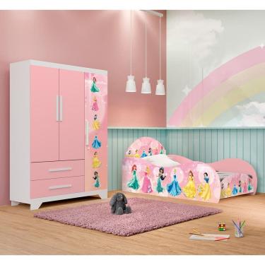 Imagem de Conjunto Quarto Infantil Princesas Mdf - Cama Solteiro com Proteção Lateral e Roupeiro - Rosa