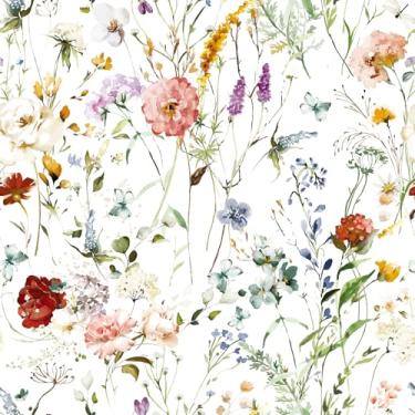 Imagem de Livelynine Papel de parede floral 44,5 x 701 cm Descasque e cole rosa azul verde papel de parede de flores silvestres para cozinha berçário quarto meninas banheiro papel de parede impermeável jardim