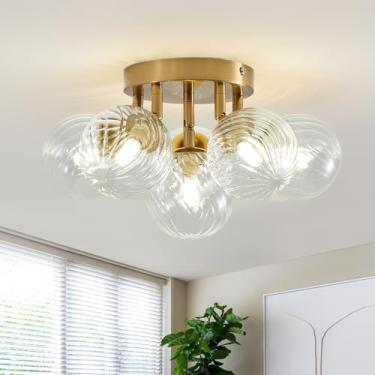 Imagem de NIUZDU Lustre De Vidro Espiralado Em Formato De Bola De Bolhas Moderno De Meados Do Século, Lustre De Teto Semi-Embutido Vintage De Latão Dourado De 6 Luzes, Luminária Pendente Globo Para Hall De En