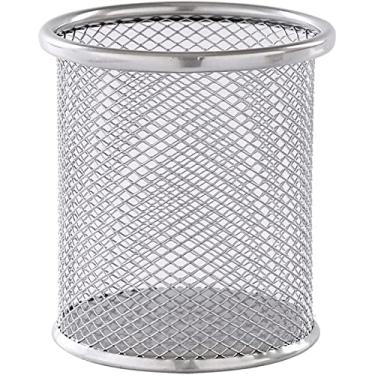 Imagem de Porta-lápis de mesa de metal de malha para lápis, suporte de pincel de maquiagem vazado, suporte multifuncional durável para armazenamento de canetas para escritório, sala de aula, casa (redondo