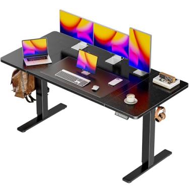 Imagem de Huuger Mesa de pé elétrica de 139 x 71 cm, mesa de pé, mesa de 70 cm de profundidade, mesa ajustável de 72 a 118 cm, mesa de computador com 2 ganchos, clipes para cabos, 3 alturas predefinidas, mesa