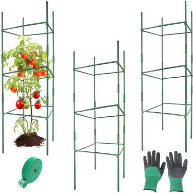 Imagem de Pacote com 3 gaiolas quadradas ajustáveis de 47 cm de largura até 122 cm de altura para jardim, estacas de suporte de plantas para escalada de vegetais, tomate, flor, com laços torcidos braços de