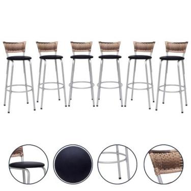 Imagem de Banco Para Balcão Alto Estrutura Prata Encosto Junco Cappuccino Ideal 