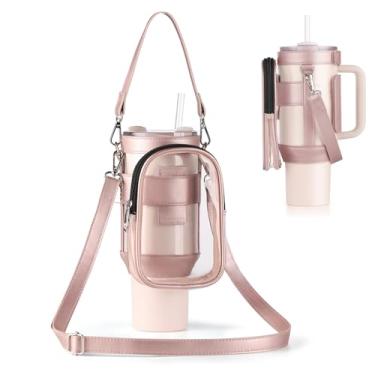 Imagem de Bolsa de transporte transparente para garrafa de água com bolso para celular Stanley Cup 1,134 g, com ombro ajustável e alça de mão, acessórios de copo Stanley bordas para esportes de concerto (rosa)