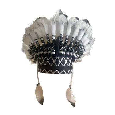 Imagem de Vaveren Chapéu indígena americano, chapéu de penas, presente para show de dança, Preto Branco