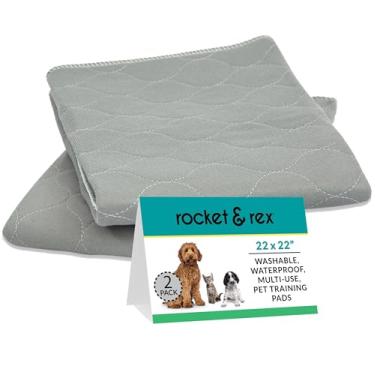 Imagem de Pee pads laváveis para cães Rocket & Rex. Almofadas de treinamento para cães, impermeáveis, almofadas de urina reutilizáveis. Protetor de urina absorvente à prova de vazamento. Tapete para tigela de cachorro Whelping, pastilhas de viagem, cinza (pacote com 2) 55,88 x 55,88 cm