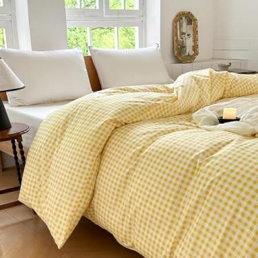 Imagem de Cobertor pesado de algodão amarelo guingão 223,5 cm x 264,2 cm, capa de edredom xadrez verde xadrez para cobertor pesado, capa de edredom pesado de algodão quadriculado (cinza amarelo, 223 x 264 cm)