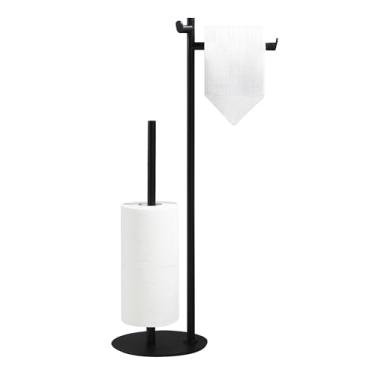 Imagem de BGL Suporte de papel higiênico, aço inoxidável SUS304, preto fosco, base ponderada, comporta 5 rolos jumbo, armazenamento moderno para banheiro com gancho embutido