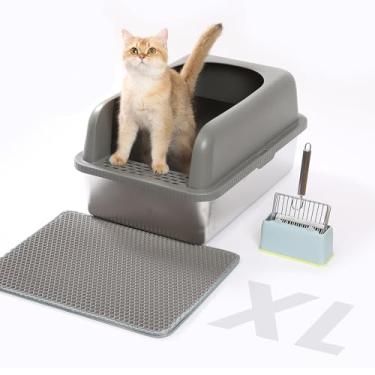 Imagem de Caixa de areia para gatos jumbo XL de aço inoxidável com tampa | Caixa de areia extra grande de metal inclui colher de areia de metal, tapete | Bandeja de areia fechada de alta face para gatos que