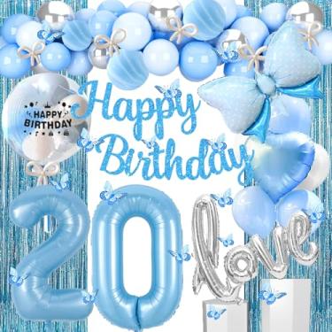 Imagem de Gonngrun Decorações Para Festa De 20 Anos Em Azul E Prata Com Faixa Alegre, Balões Amor, Balão Número 20, Guirlanda Borboletas Penduradas, Cortinas Franjas