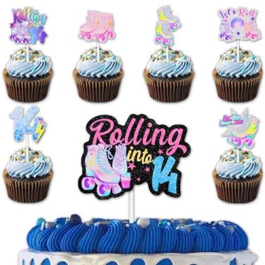 Imagem de 18 peças de patins com glitter, 12 peças, topo de cupcake, 1 peça de topo de bolo para os anos 80, 90, retrô, hip hop, patinação, rolo em 14 artigos de decoração temática, decorações de festa de feliz