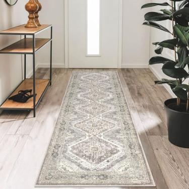 Imagem de KUTA Tapete oriental lavável, 5 x 18 cm, antiderrapante, vintage, marfim, cinza, amarelo, marrom, corredor de cozinha, tapetes tribais desgastados, para lavanderia, quarto, sala de estar