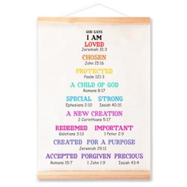 Imagem de Quadro de pôster Christian Kids Affirmation para sala de aula, decoração de parede de berçário, tela God Says I AM Loved 40,6 x 30,48 cm