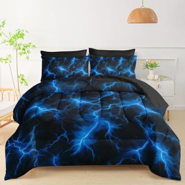 Imagem de QOOMO Jogo de cama solteiro com iluminação azul, 7 peças, inclui 1 edredom, 1 lençol com elástico, 1 lençol de cima, 2 fronhas estampadas e 2 fronhas pretas