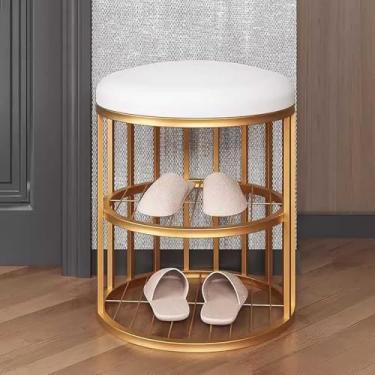 Imagem de Banquinho Para Sapatos | Mini Banco De Entrada | Banco Hall Com Armazenamento De Sapatos Para Espaço Pequeno | Banco Baixo Com Almofada | Moldura De Metal Dourado, White, Small