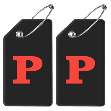 Imagem de Gostwo Pacote com 2 etiquetas de bagagem de silicone para malas, 26 etiquetas de bagagem com letra inicial, bolsa escolar, etiqueta de instrumento com laço de aço inoxidável (preto e branco) (letra P)