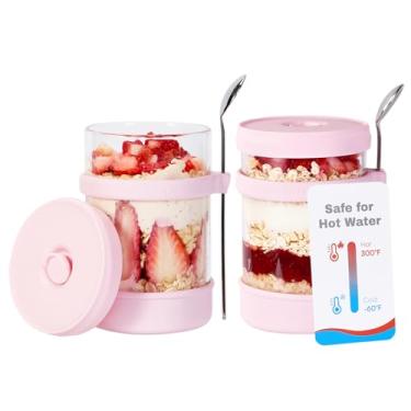 Imagem de Spreccio Recipientes De Vidro Para Aveia Noturna Com Tampa Silicone E Colher 16 Oz [Pacote 2], Potes Herméticos Tampa, Lanche Pudim Chia Iogurte Especiarias (Rosa)