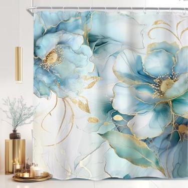 Imagem de Newsely Cortina de chuveiro de mármore, 182 cm L x 192 cm de comprimento, azul-petróleo, dourado, ombré, abstrato, floral, moderno, textura, tinta, minimalista, conjunto de banheiro, elegante, à prova
