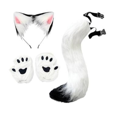 Imagem de simhoa Conjunto de orelhas e rabo de gato e, faixa de cabeça para baile de máscaras fantasias, Branco