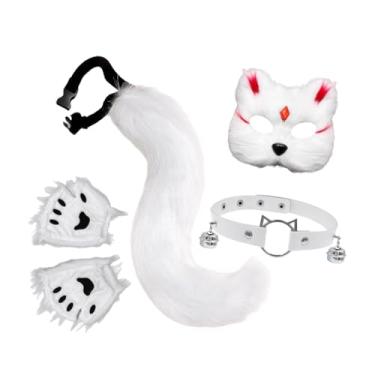 Imagem de kowaku Conjunto de máscara e cauda de gato, acessórios de fantasia cosplay de pelúcia para festa de carnaval, Branco Vermelho
