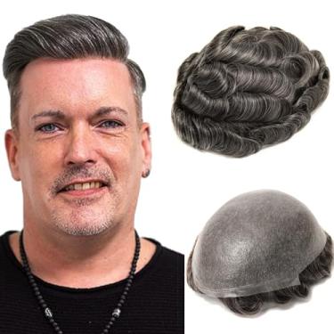 Imagem de BEEOS Toupee de pele superfina de 0,06 mm para homens, #1B40 Preto natural com sistema de cabelo cinza 40% para homens, com laço em V, sem nós 20 x 25 cm, peruca masculina