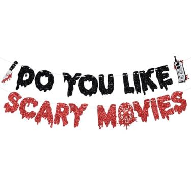Imagem de Do You Like Scary Movies Banner, Halloween Horror Movie Night Birthday Decor, Halloween Bloody Knife Scream Murder Birthday Party Decorations Supplies Red Glitter