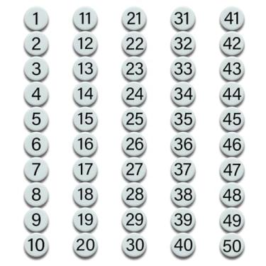 Imagem de 1 a 50 números magnéticos, ímãs com número para quadros apagáveis a seco, ímãs redondos de geladeira para quadro branco em casa e escritório (2 cm de diâmetro, branco)