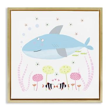 Imagem de Stupell Industries Arte de parede em tela flutuante com moldura dourada Baby Shark & Flowers, design de Carla Daly, 45,7 x 45,7 cm