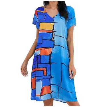 Imagem de Moda feminina vintage estampado manga curta com decote em v vestido co