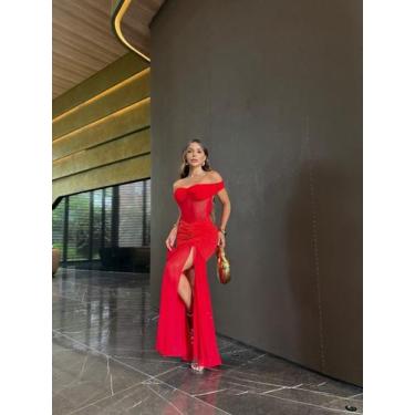 Imagem de Vestido Longo em Tule com Transparência Ombro a Ombro - luh may, Verme